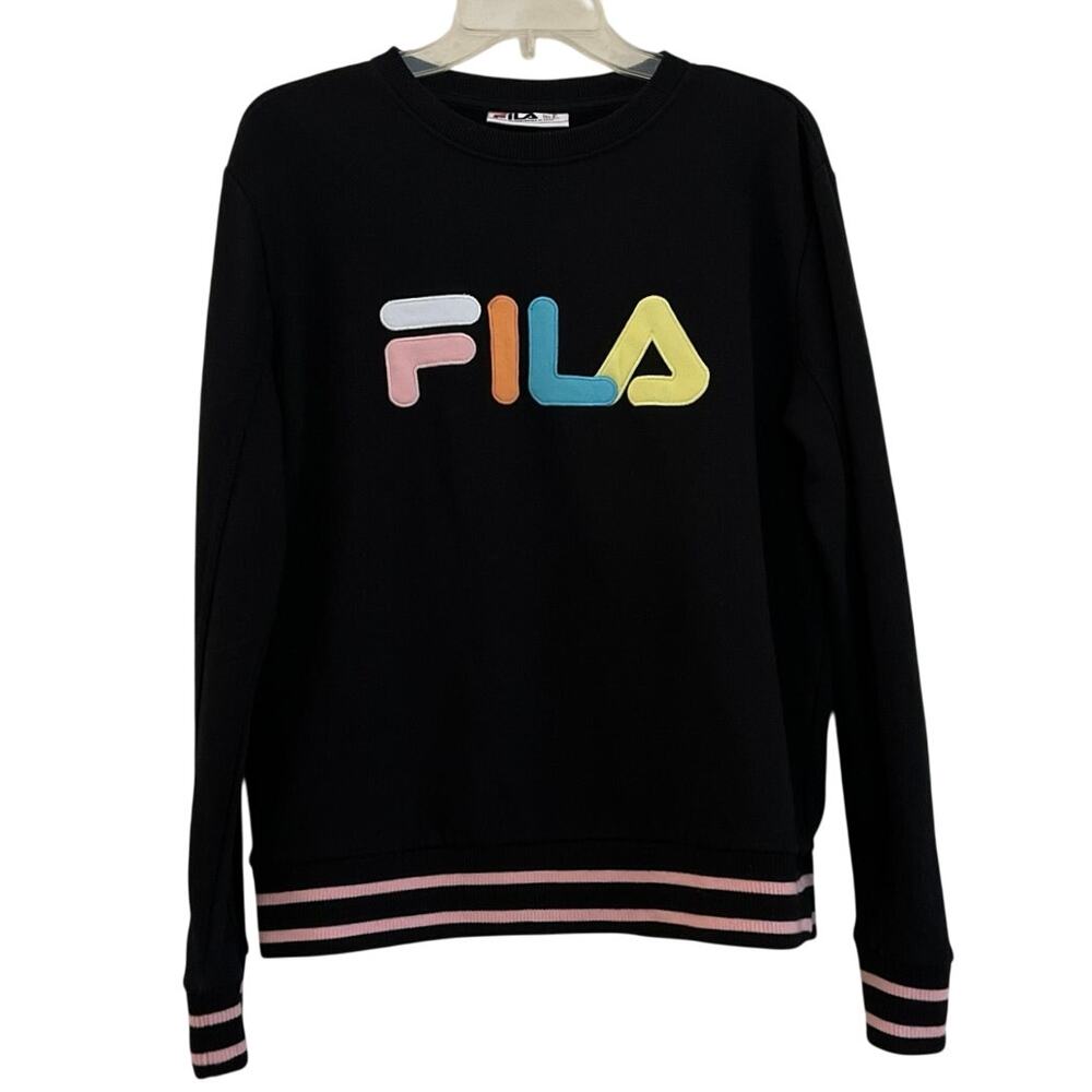 Fila Black Sweatshirt Pastel Logo Womens Size M Comfort Layer Tennis Athletic
